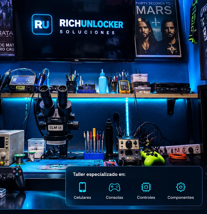 Imagen de taller RichUnlocker Soluciones con microscopio y herramientas de reparación